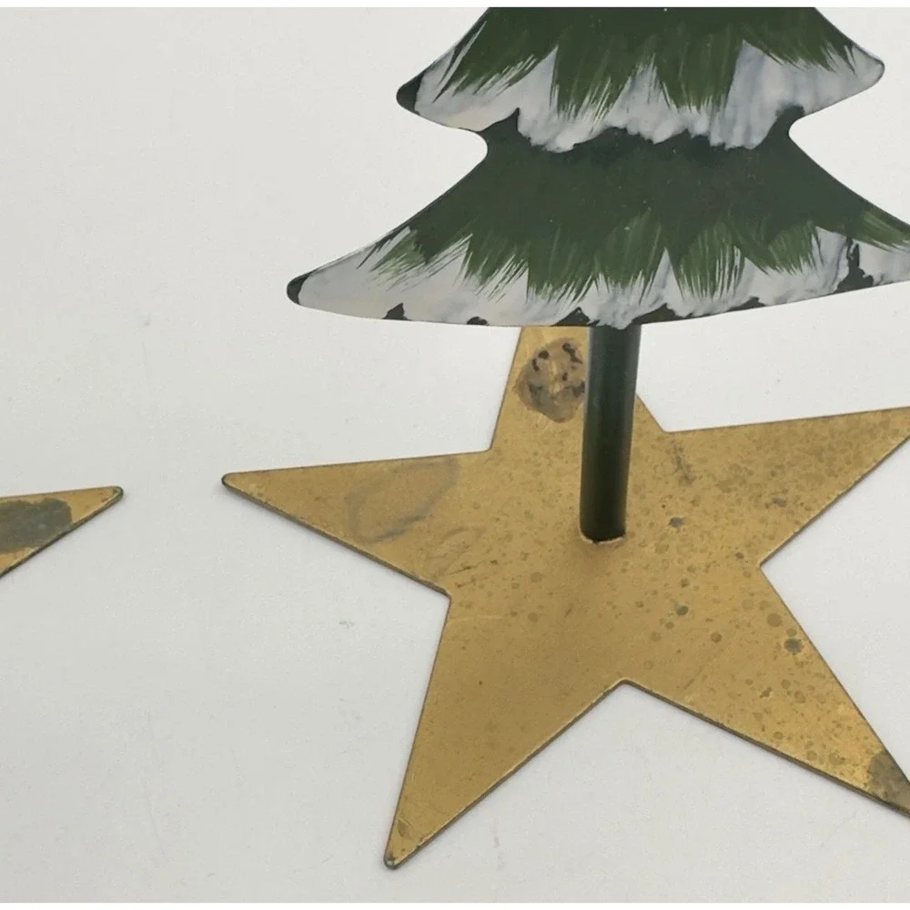 Vintage Metal Christmas Tree Taper Candle Holders‎ Set of 2 Star Base Green Gold